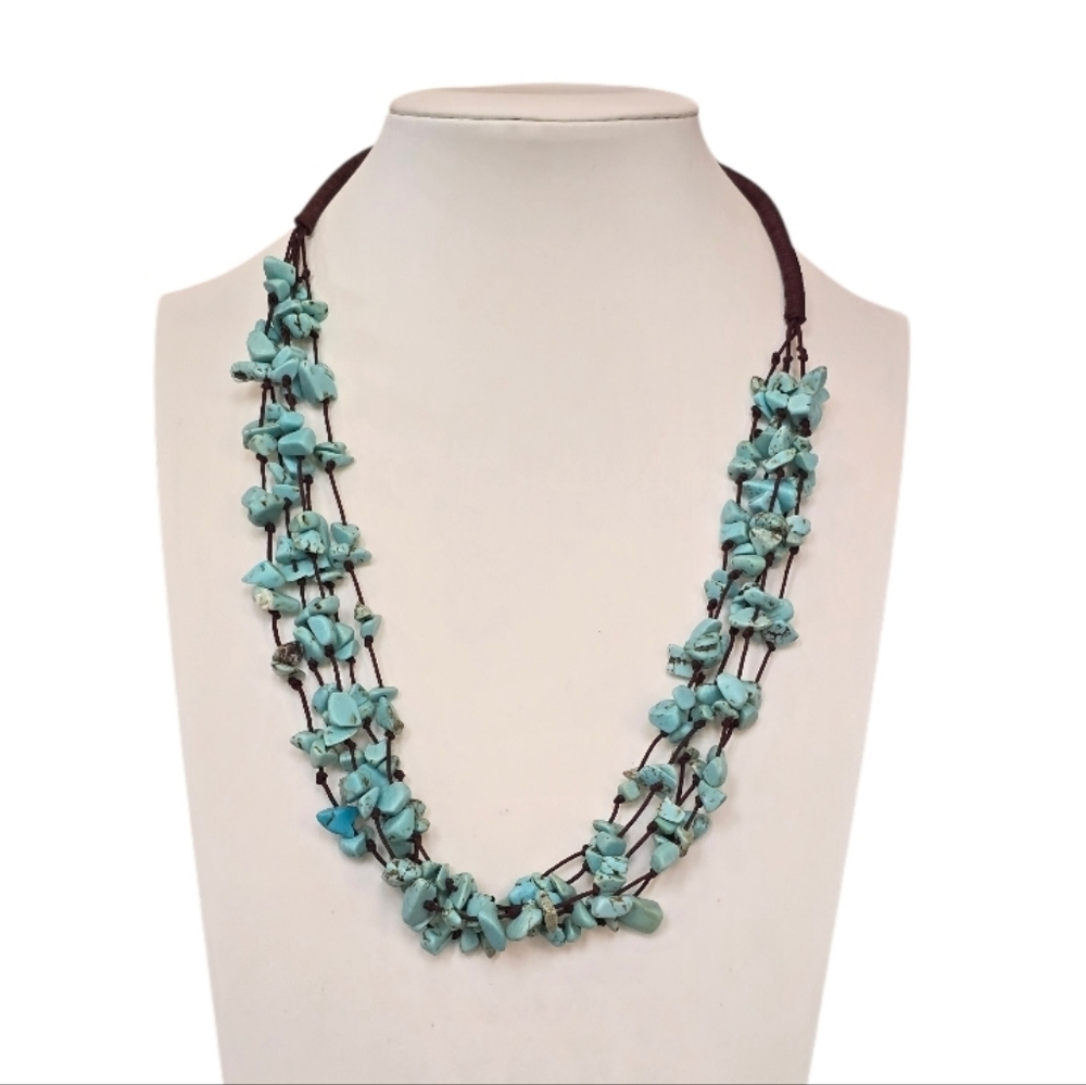 Premier Designs Real Turquoise Chip Multistrand Brown Cord Necklace